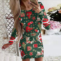New Christmas printed round neck long sleeve narrow dress with animal pattern in Flower 1 colour