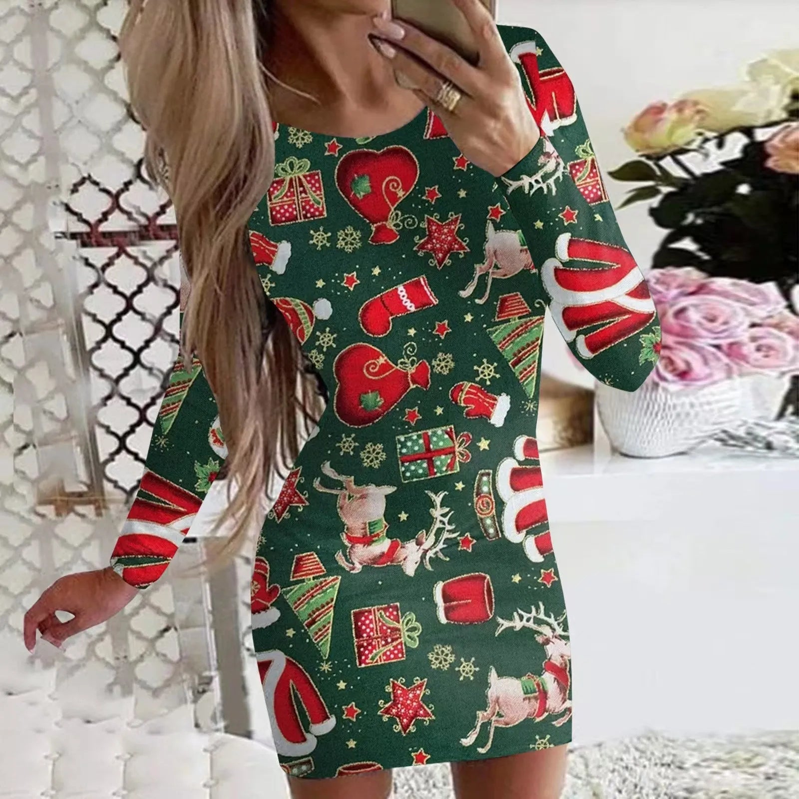 Christmas printed round neck long sleeve narrow dress with animal pattern and colourful flower design