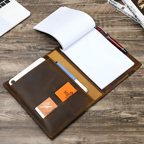 Brown Crazy Horse leather A5 notebook protective sleeve showing square shape and socket closure.