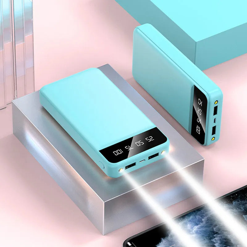 20000mAh polymer power bank in four colour options showing multiple USB ports