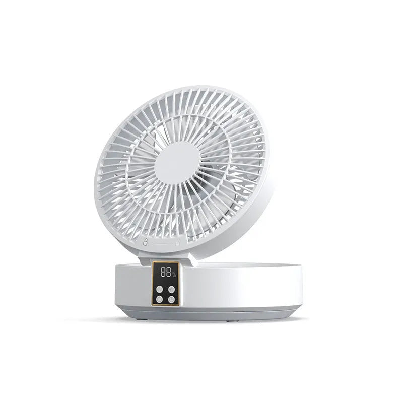 White portable folding fan with remote control on desk showing night light and adjustable angle