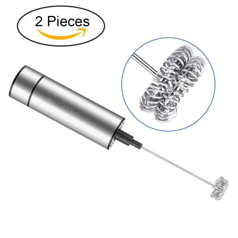 Silver handheld electric milk frother with double teat stainless steel whisk head on white background