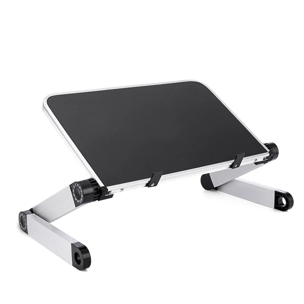 Foldable laptop stand in black and white, 360 degree adjustable angle, on a desk with laptop