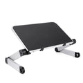 Foldable laptop stand in black and white, 360 degree adjustable angle, on a desk with laptop