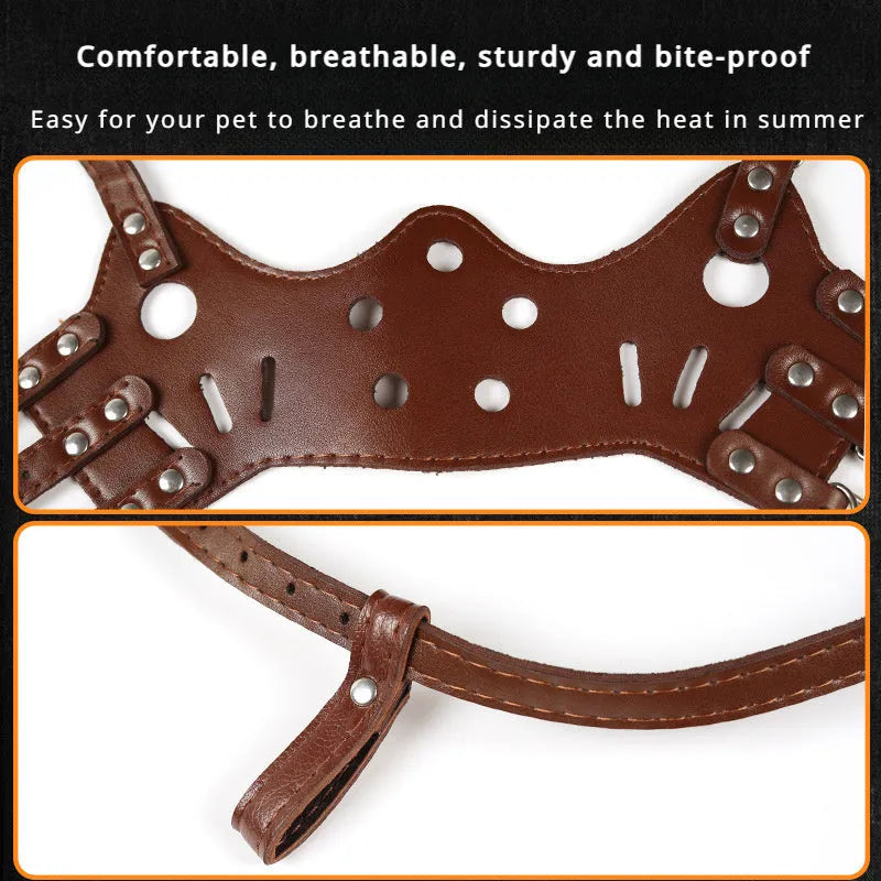 Black adjustable dog muzzle cover shown on a Golden Retriever for anti-barking and bite prevention training.