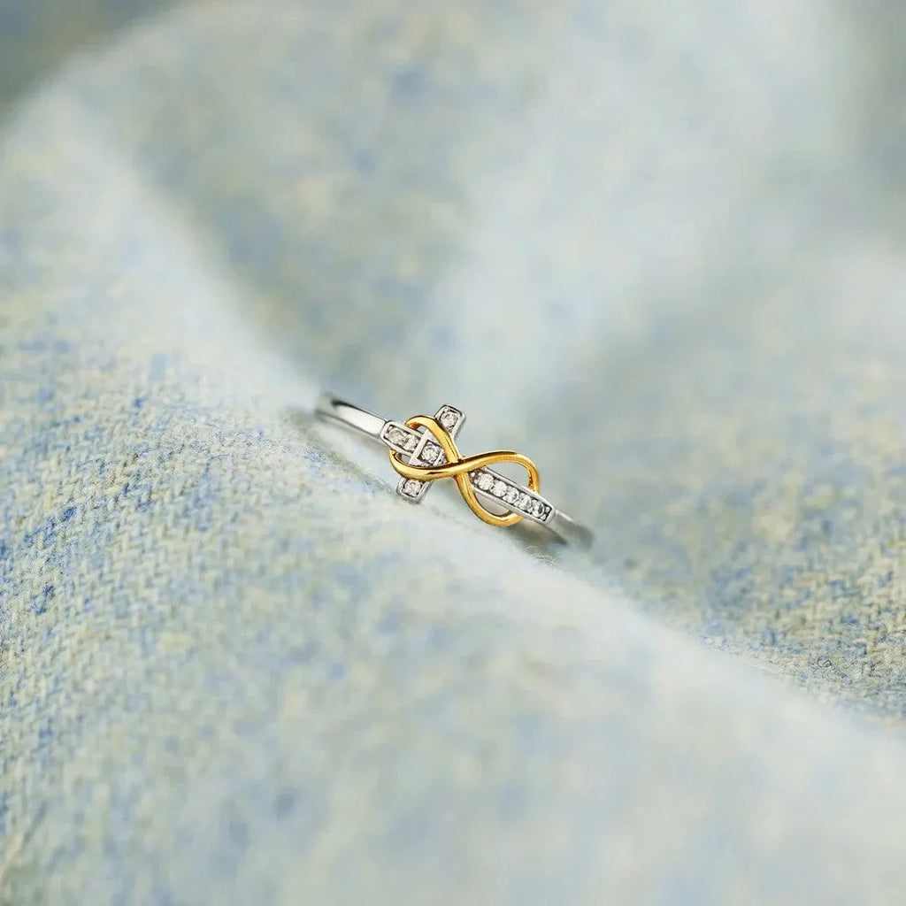 S925 sterling silver two-tone infinite cross ring with geometric line design and adjustable opening