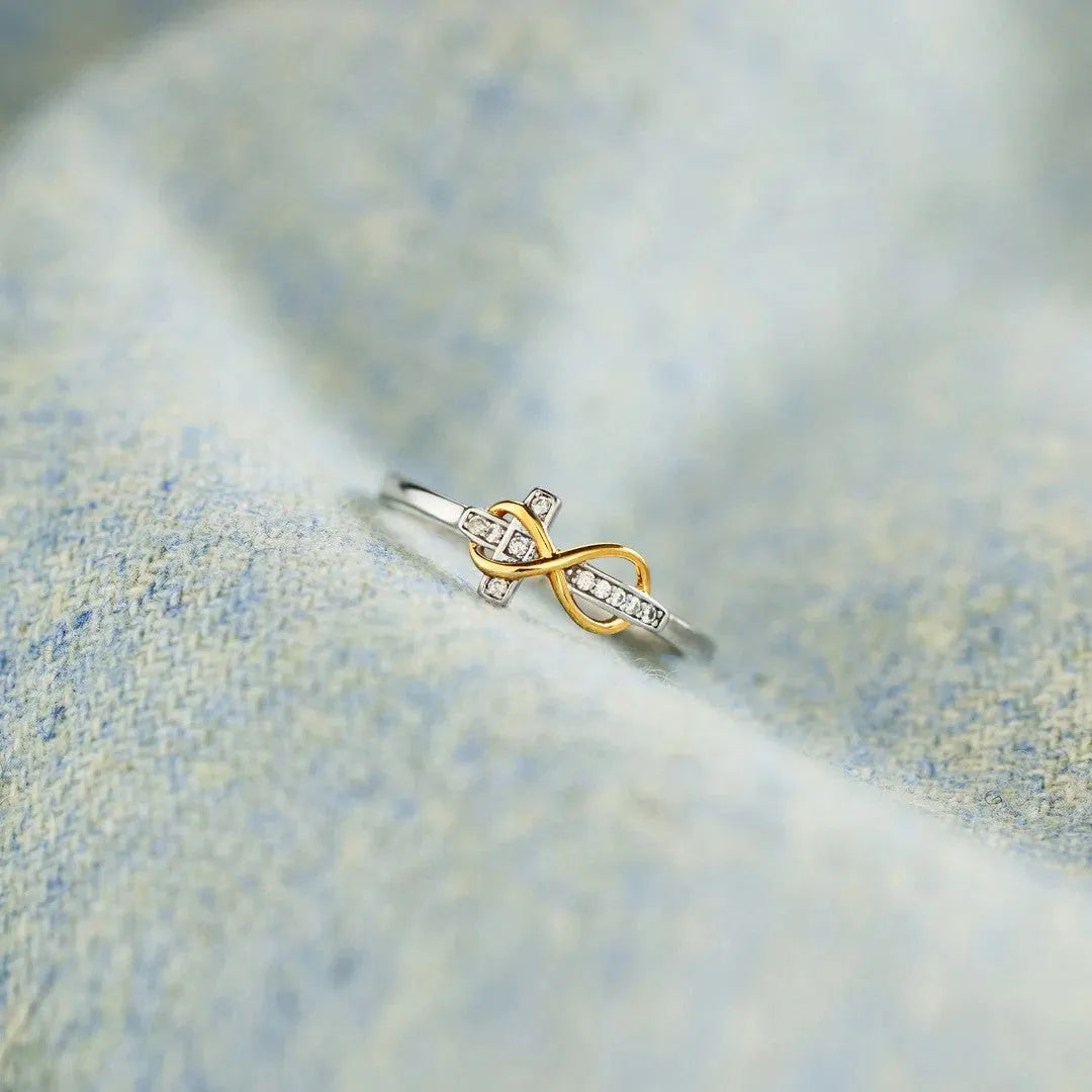 S925 sterling silver two-tone infinite cross ring with geometric line design and adjustable opening