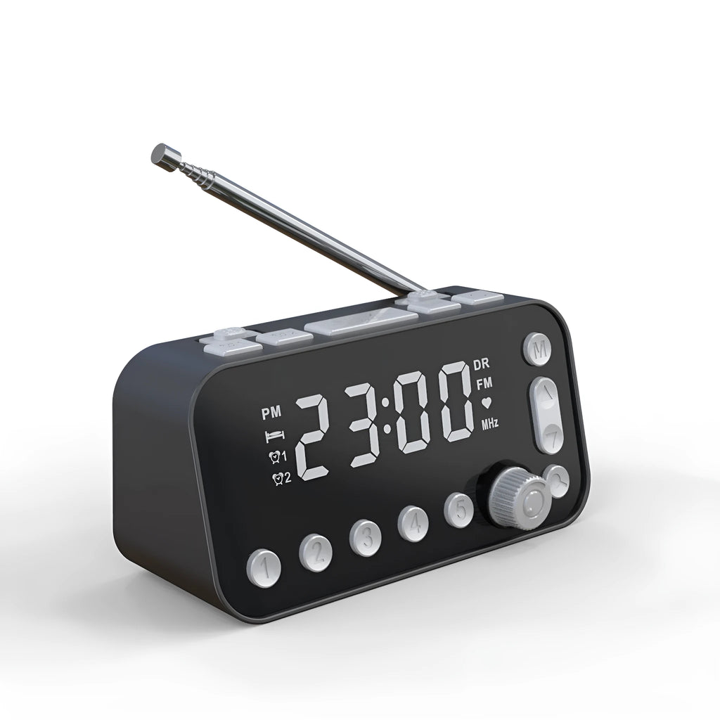 Black DAB digital radio bedside alarm clock with large LED display and USB charging ports