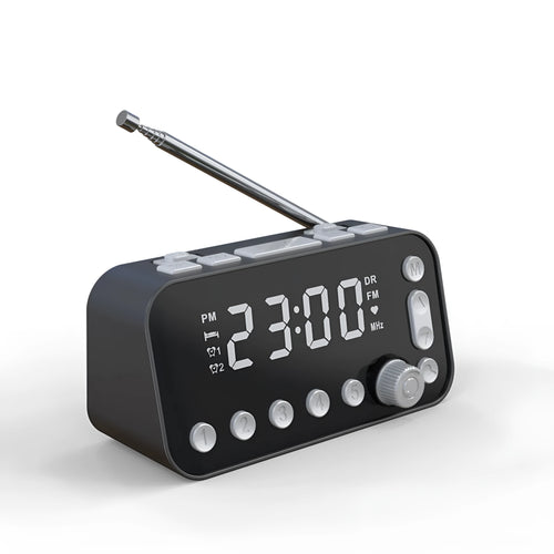 Black DAB digital radio bedside alarm clock with large LED display and USB charging ports
