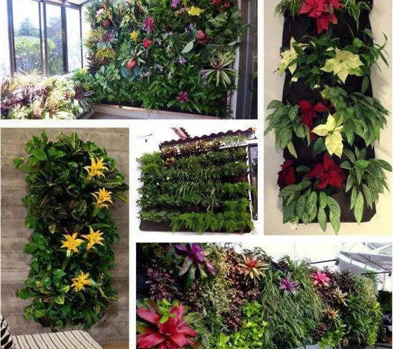 Vertical wall garden hanging planter with multiple planting pockets for herbs and flowers