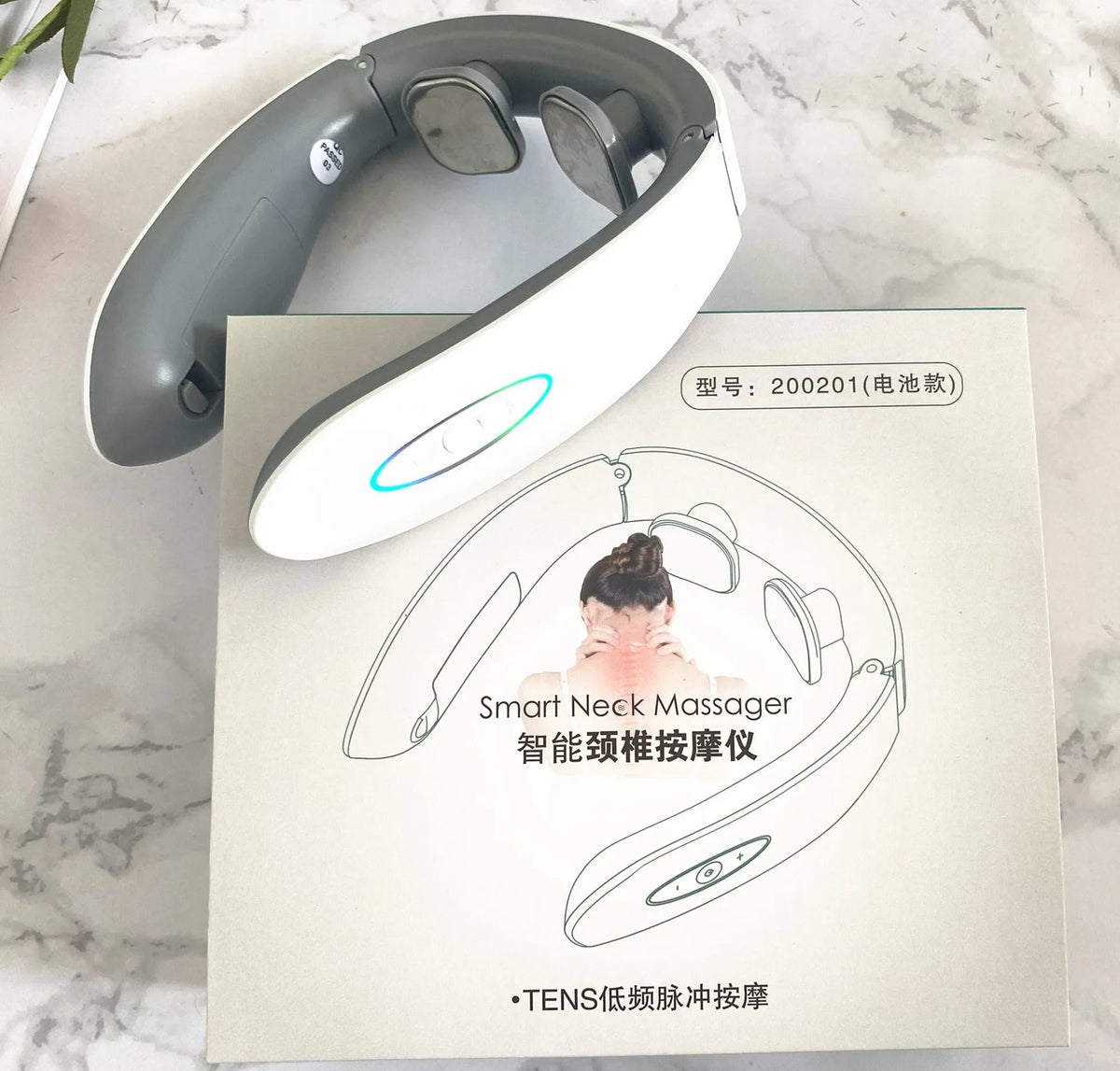 Smart shoulder and neck massager with PC housing and silica gel contact pads, polymer battery powered