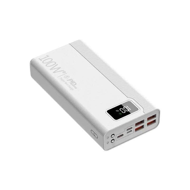 Large capacity power bank in black or white colour with plastic shell, showing front view with dimensions
