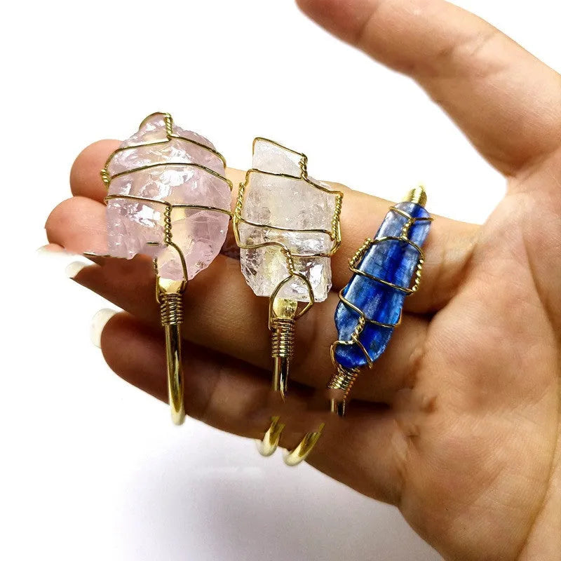 Handmade natural crystal rough stone bracelet with gold wire winding in geometric bohemian style