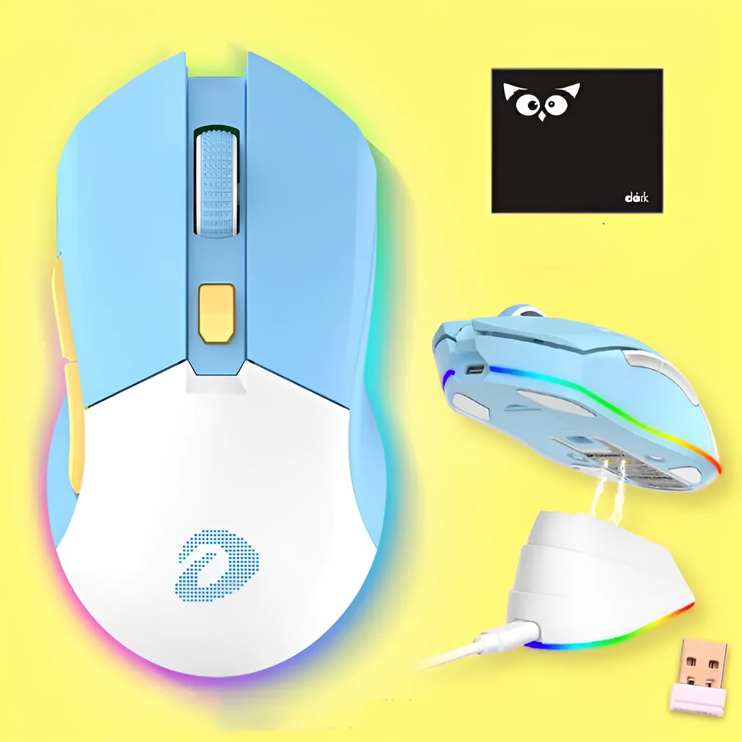 Lightweight wireless wired game mouse with USB connector and mouse pad, available in green
