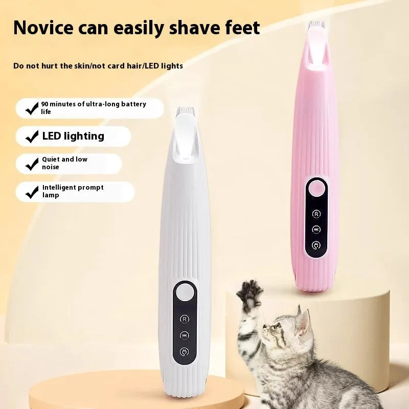 Electric pet nail grinder in four colours (pink, white, blue, yellow) with charging cable and cleaning brush, compact 16.2 x 3cm design
