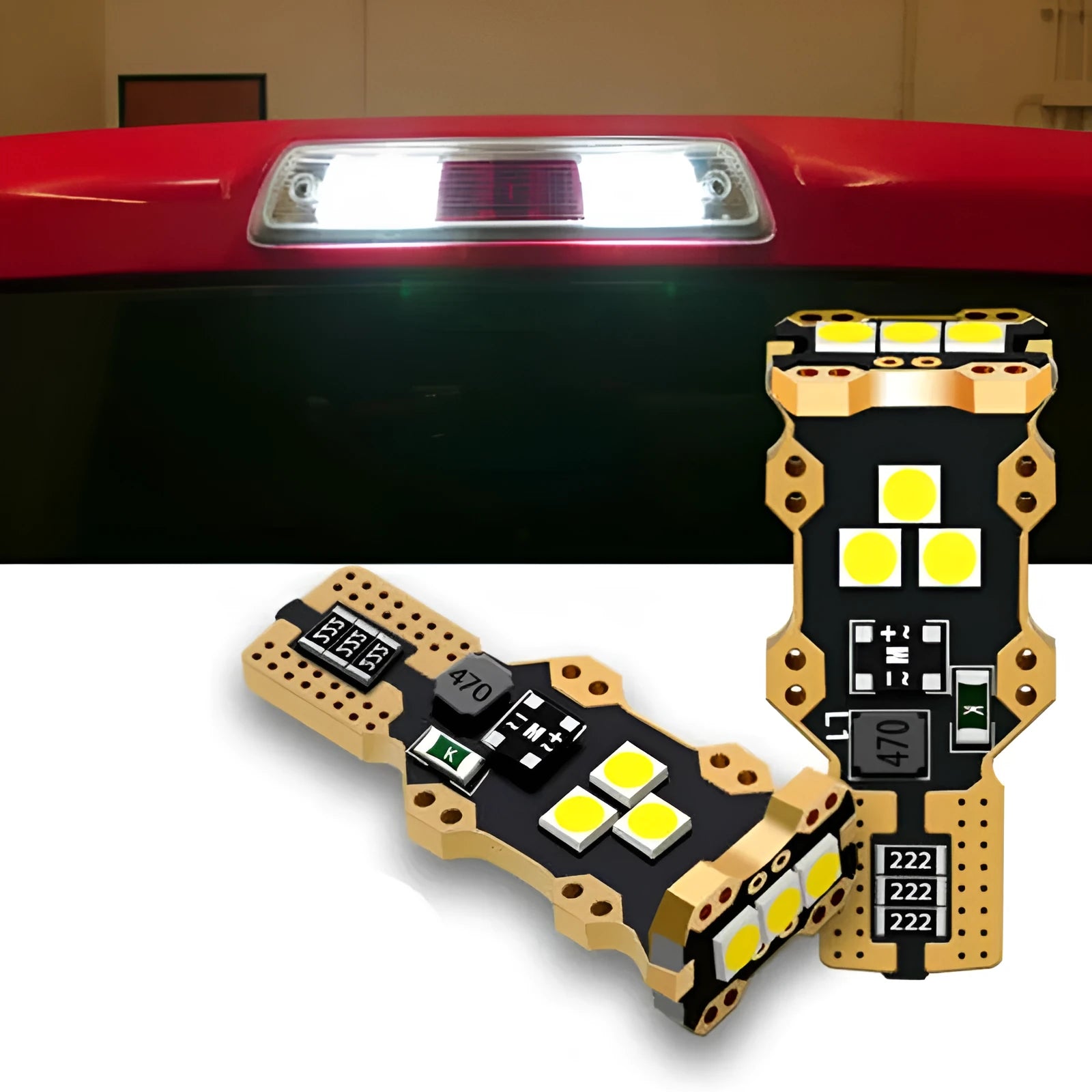 Single white T15 automotive reverse light bulb with PVC housing on a plain background.