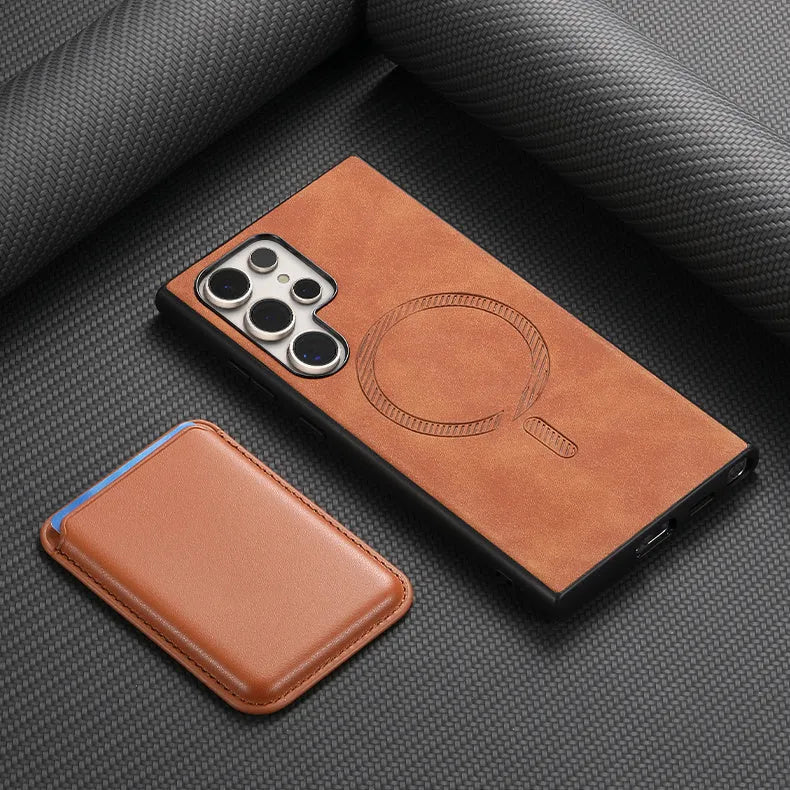 Ultra-thin silicone anti-fall phone cover for Samsung Galaxy with card case and magnetic charging support in black colour