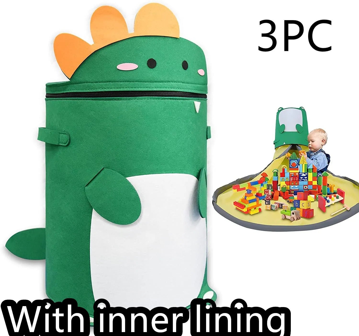 Green felt cube storage bag with pull rope closure shown as toy play mat