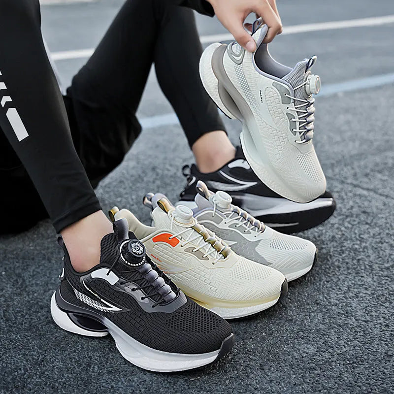 Men's white low-top running shoes with a rotating buckle fastener and breathable mesh upper.