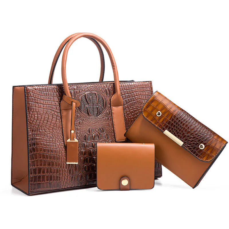 Women's three-piece PU handbag set with crocodile pattern in choice of four colours