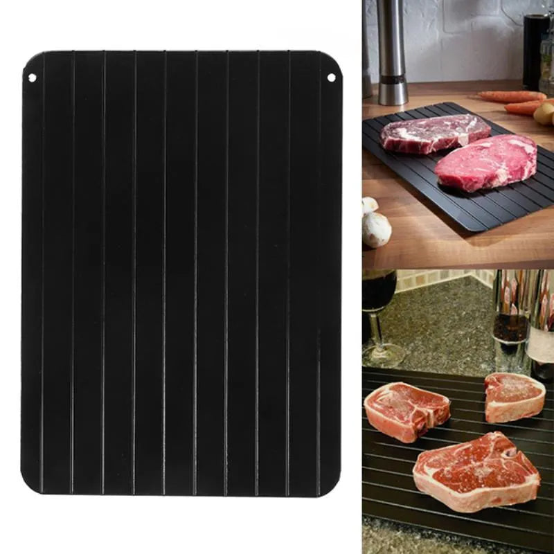 Black aluminium quick defrosting tray for thawing meat and frozen food without electricity.