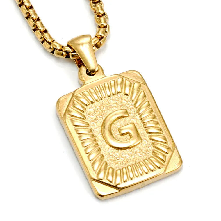 Gold-plated 18K titanium steel letter pendant necklace with pearl chain, unisex, letter M shown.