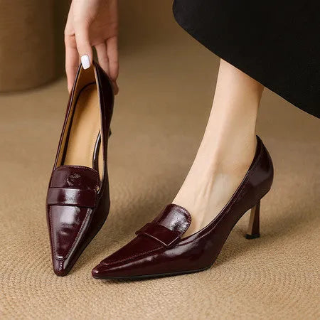 Women's pointed-toe stiletto heel pumps in black first layer cowhide leather with beef tendon sole