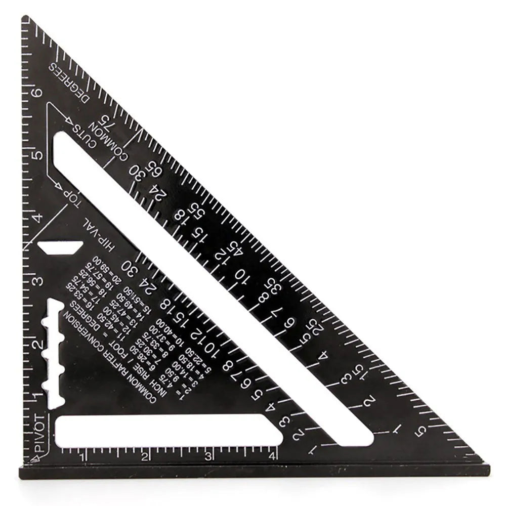 Aluminium alloy woodworking measuring square showing 7-inch triangle ruler with 90-degree angle measurement