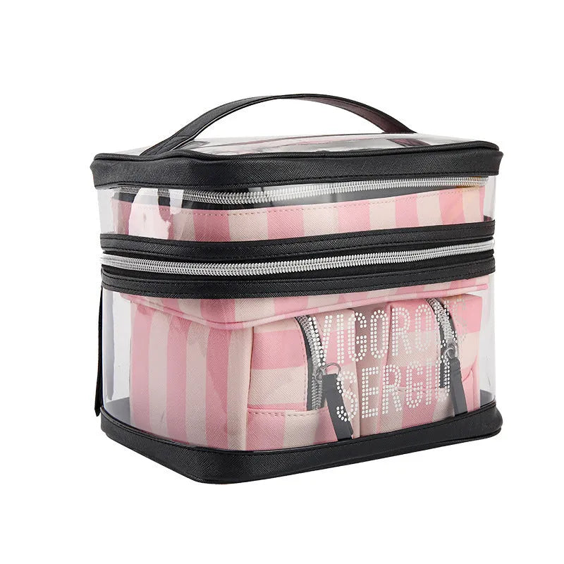 Pink bold stripe floral pattern makeup bag with folding design and waterproof synthetic leather