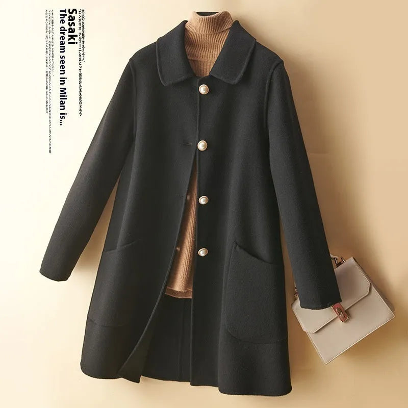 Women's wool mid-length coat with doll collar and pearl buckle in solid colour options