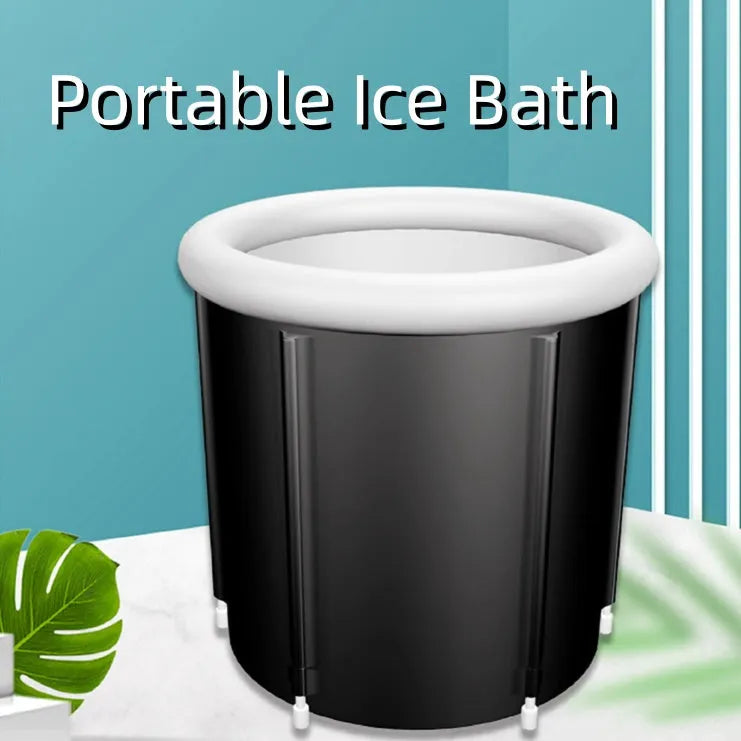 Black inflatable portable ice bath tub with weather lid, shown outdoors.