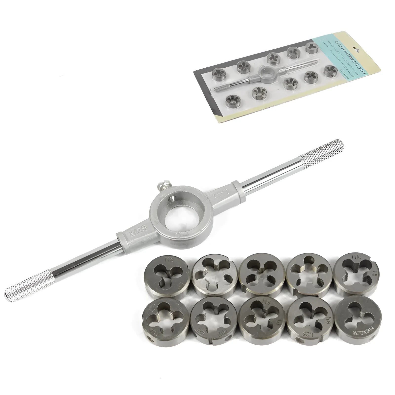 Alloy steel hand tap and die set with chip removal function in blister packaging