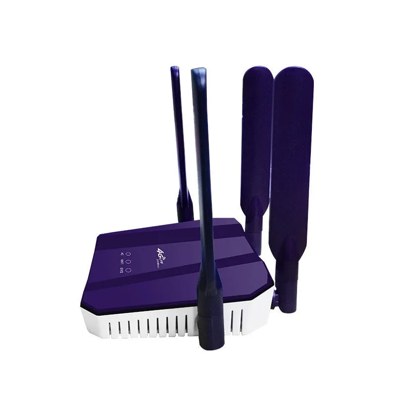 Blue 4G dual mode wireless and wired router with four antennas, dimensions 153x137x21mm