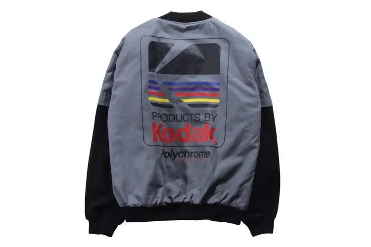 Hip hop style cotton print baseball jacket for men and women, grey colour, front view with side pockets