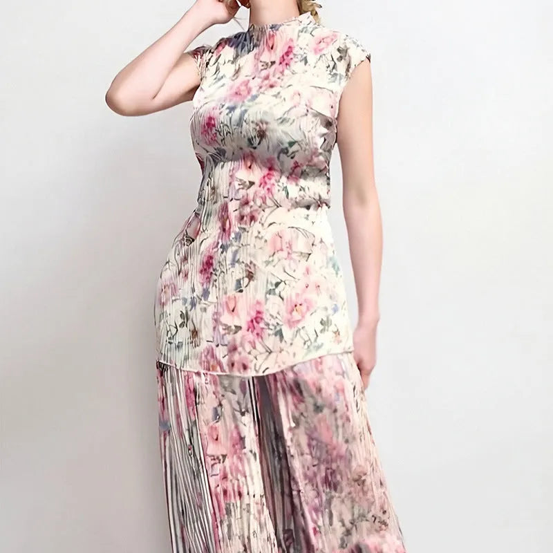 Women's long sleeve printed chiffon dress with high waist, complete two-piece set