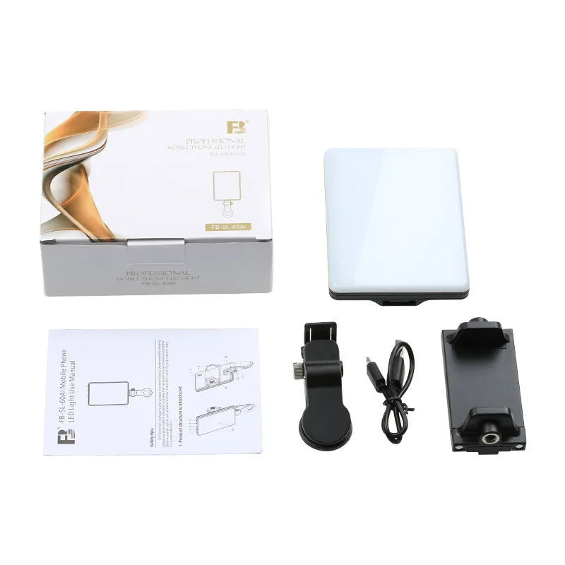 White portable LED fill light with phone mounting clip for video calls and selfies