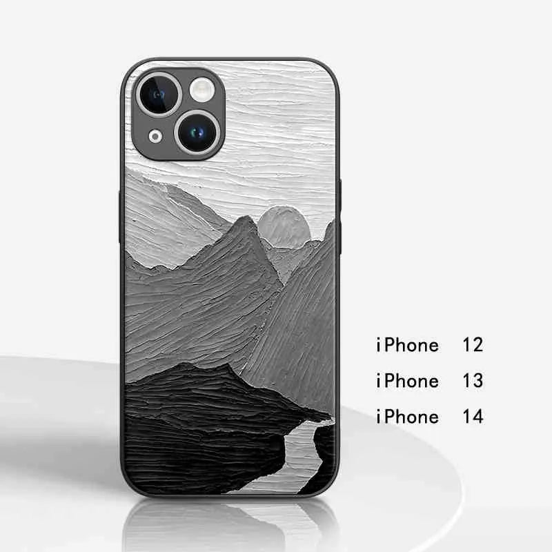 Black and White Mountains patterned silicone phone case with magnetic adsorption for Apple iPhone 11-16 series