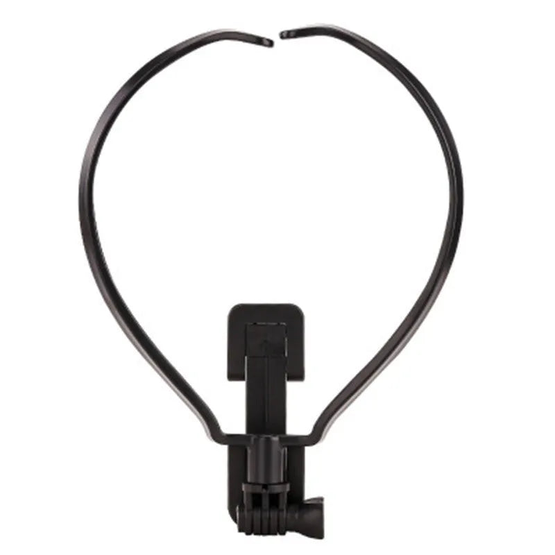 Black and white wearable neck phone holder made of ABS plastic, showing adjustable angle and ring for hands-free use.