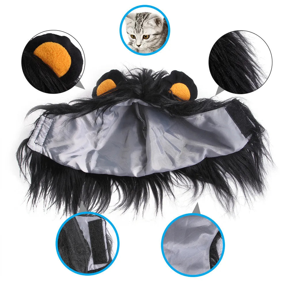 Lion headgear wig for a cat in black synthetic fur with an adjustable chin strap