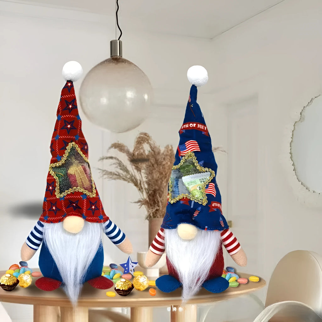 Two faceless Rudolf reindeer doll ornaments with candy bags on a festive background.
