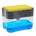 Plastic kitchen soap dispenser in silver colour on a countertop