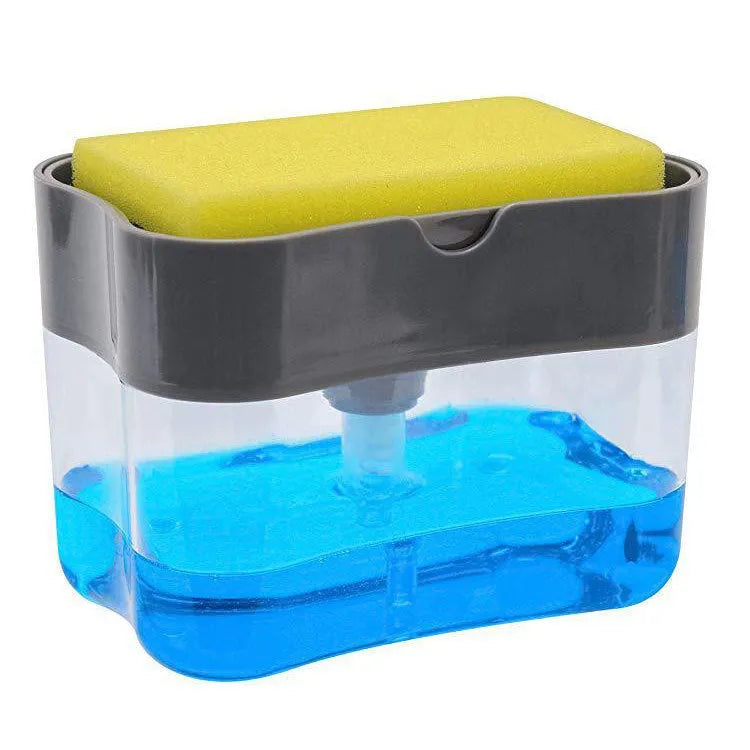 Plastic kitchen soap dispenser in silver colour on a countertop