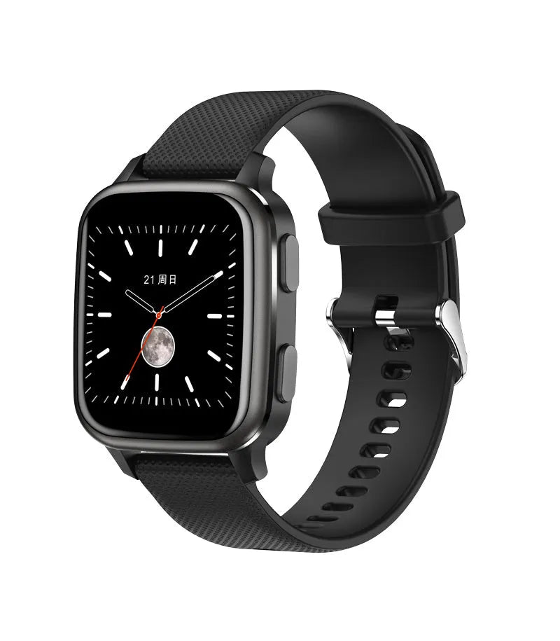 Aluminium alloy smart watch showing Bluetooth call, heart rate monitoring, and menstrual tracking features on display.