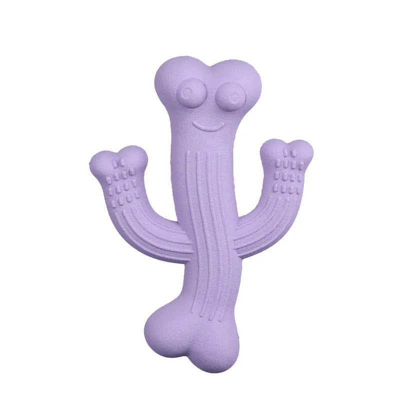 Beige, blue, and purple cactus-shaped dog chew toy made from bamboo fibre and rubber, shown in small and large sizes.