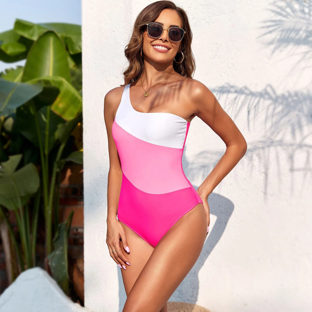 Women's solid colour stitching one-piece swimsuit in Rose Red, backless design, high elasticity nylon fabric