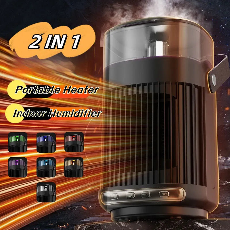 Black portable heater with humidifier measuring 24x13x13cm with front control panel