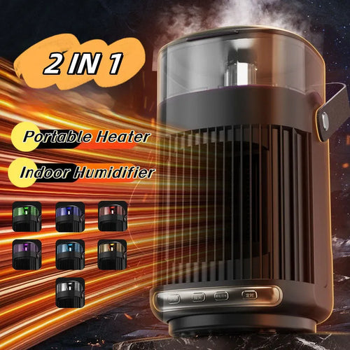 Black portable heater with humidifier measuring 24x13x13cm with front control panel