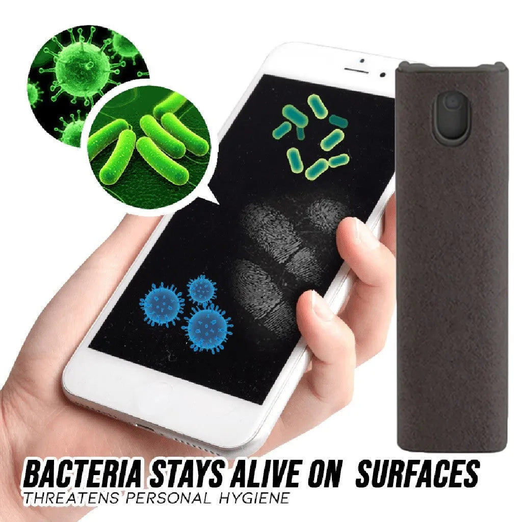 Portable screen cleaner bottle in blue and pink with attached microfiber cloth for cleaning phones and tablets