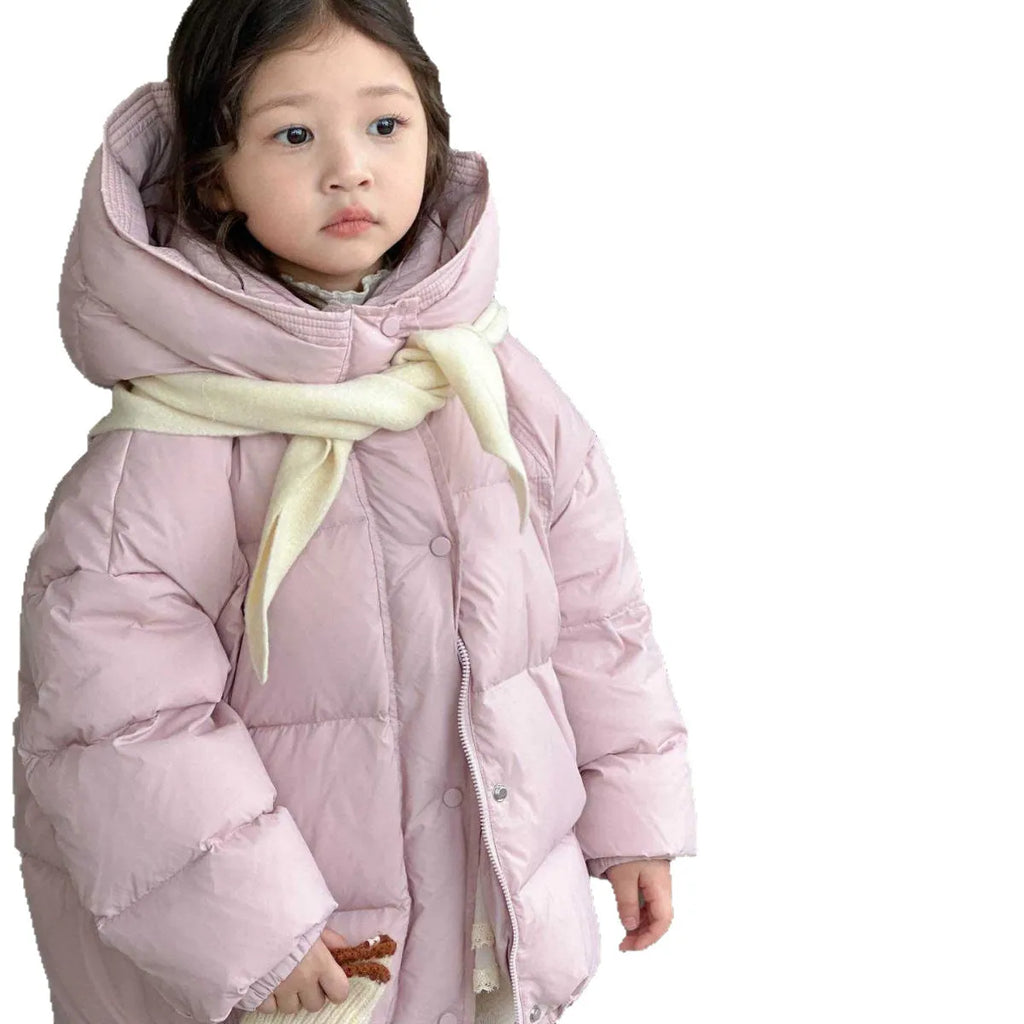 Girl's thickened down jacket with 90% white duck down in yellow, pink, black, gray, or red, sizes 110cm to 160cm