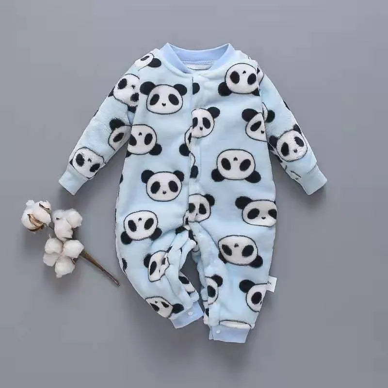 Baby wearing a long sleeve flannel romper with a panda print design